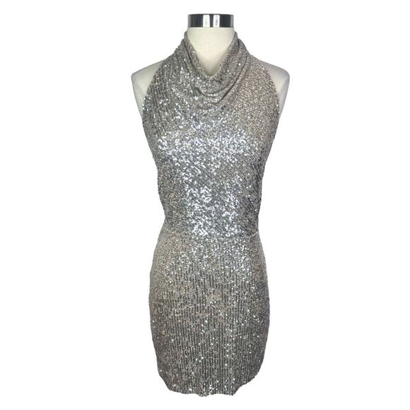 Gianni Bini Jada Silver Sequin Halter Dress - Size 10 - Picture 2 of 6